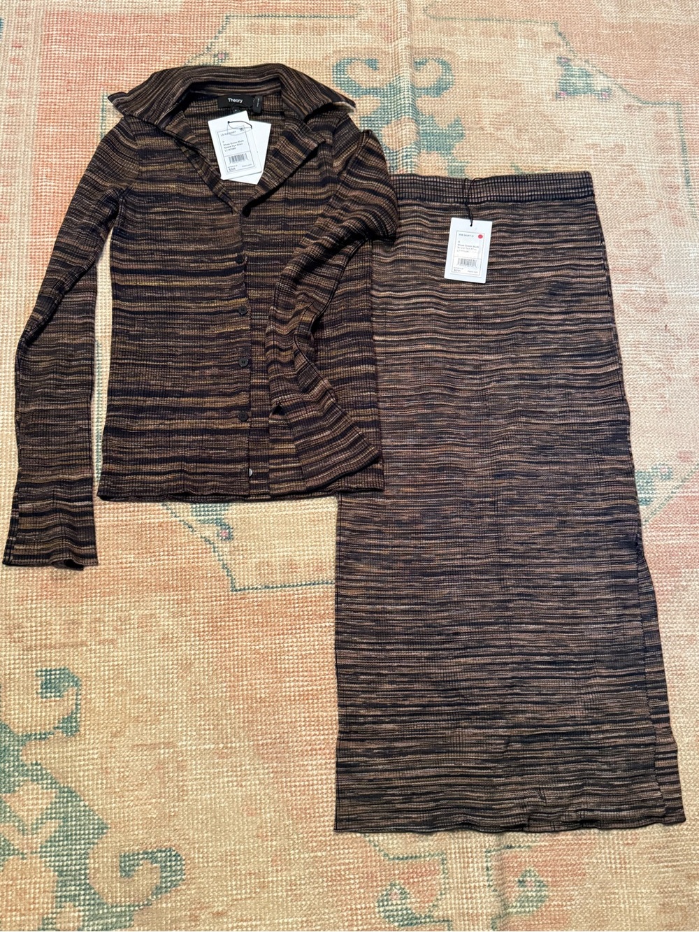 Theory Brown/Black Striped Ribbed Cardigan&Midi Pencil Skirt Set NWT Top-P/Skt-S
